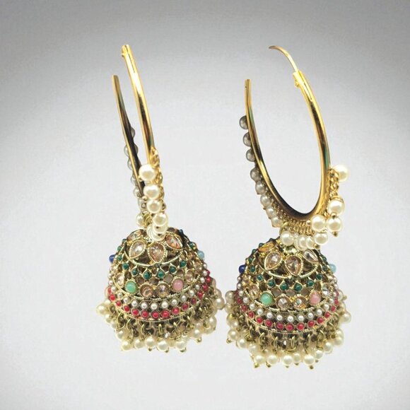 Traditional Multicolor Kundan Pearl Hoop Jhumka Earrings - Picture 3 of 3